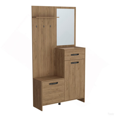 Parker 75" Tall Mirrored Tree Hall With Hangers, Three Shelves, Two Cabinets, One Drawer, Entry Way, Console Table, Living Room Light Oak