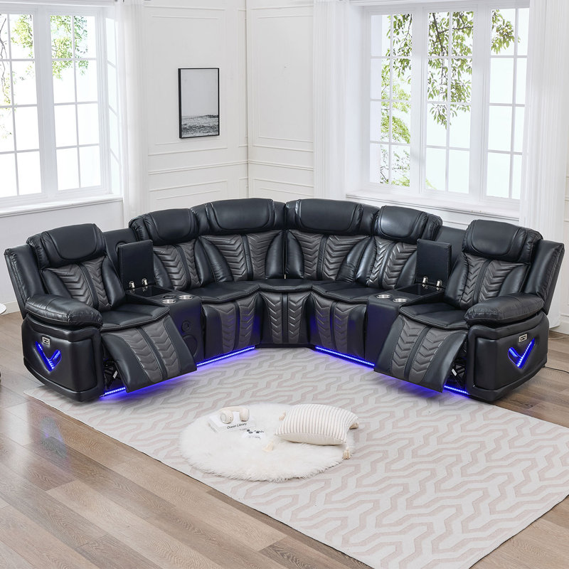 132.4'' W Fabric Power Reclining Sofa Couch With USB Charger And Cup Holder, Black Fabric