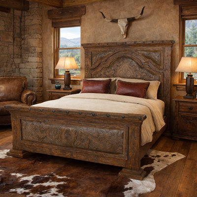 Old World Western Hand-tooled Leather Bed