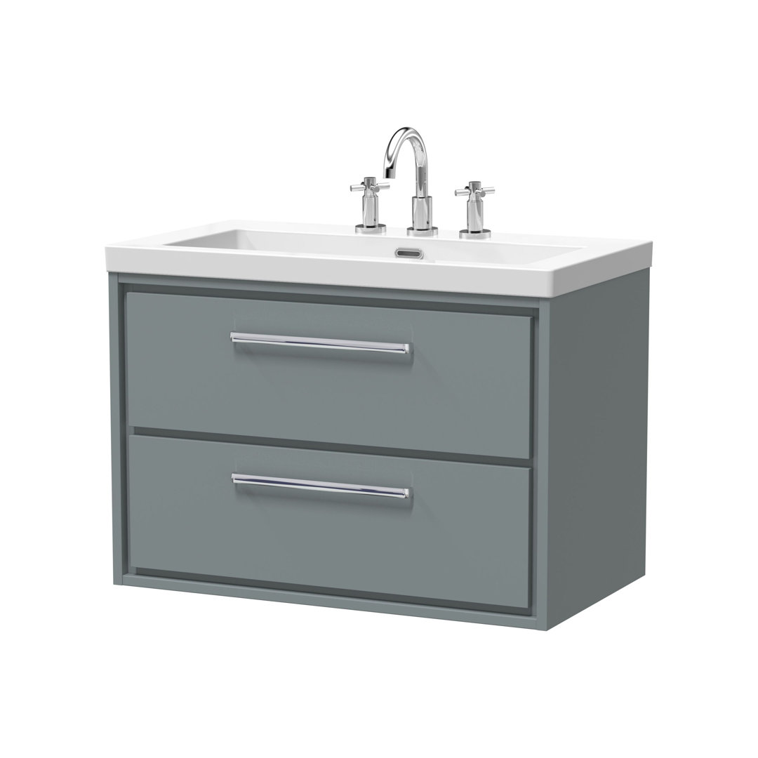 Hudson Reed Lille 600mm Fern Green 2 Drawer Wall Hung Vanity Unit With 3 Tap Holes Fireclay Basin