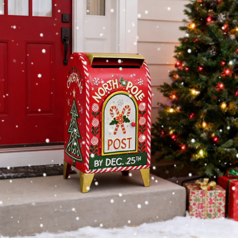 Vintage Red Metal Christmas Mailbox - North Pole Post Design Xmas Decor, Santa Letter Box, Large Holiday Decoration for Letters, Gift Cards & Mantel Display