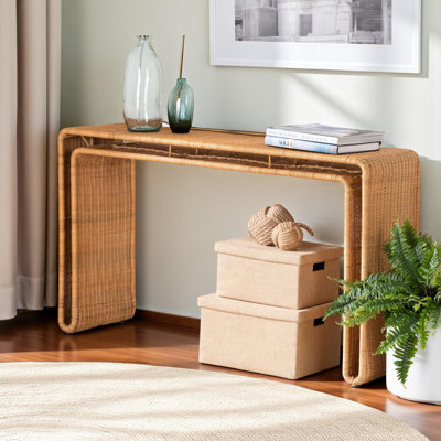 Console légère Karine en rotin tissé de style bohémien, H 30,28 po x l 51,83 po x P 14,62 po
