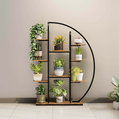 Support à plante d'intérieur en métal de 62,2 pouces de hauteur avec lumières de croissance, étagère à plantes en forme de lune à 9 niveaux avec lumière DEL, grand support à plante à fleurs à plusieurs niveaux pour le salon, plusieurs plantes