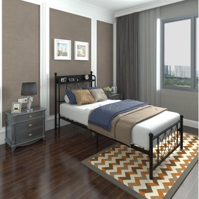 Twin Bed Frames , Headboard And Charging Station & LED Light For Bedroom, Solid And Stable, Noise Free, No Box Spring Needed, Easy Assembly