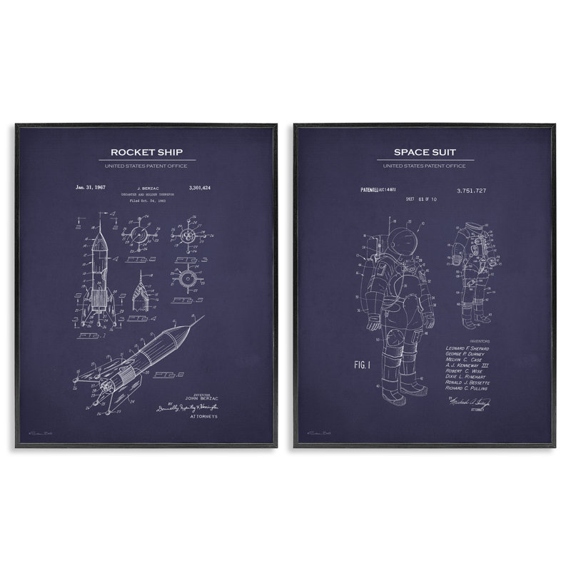 Ensemble de 2 fusées spatiales, ensemble de 2 giclées encadrées par Susan Ball, H 30 po x l 24 po