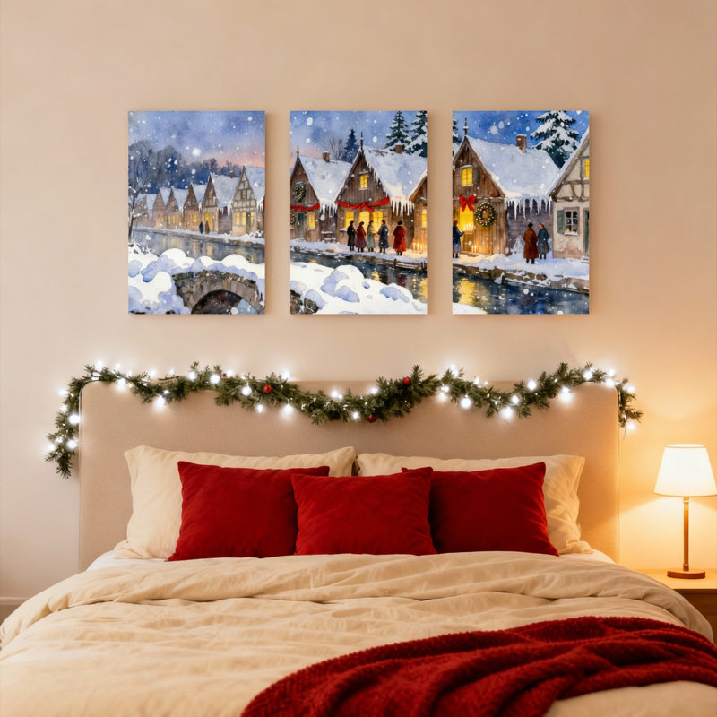 Ensemble de 3 tableaux sur toile représentant un village d'hiver sous la neige, H 24 po x l 48 po