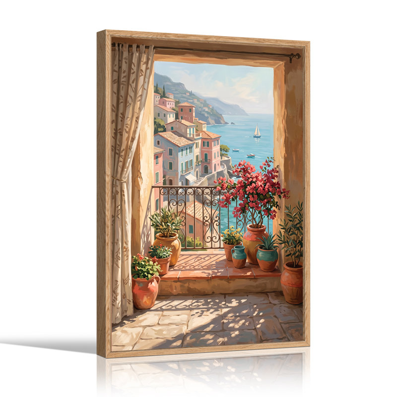 Art mural sur toile coloré avec vue sur le village et l'océan, 48"H x 36"W
