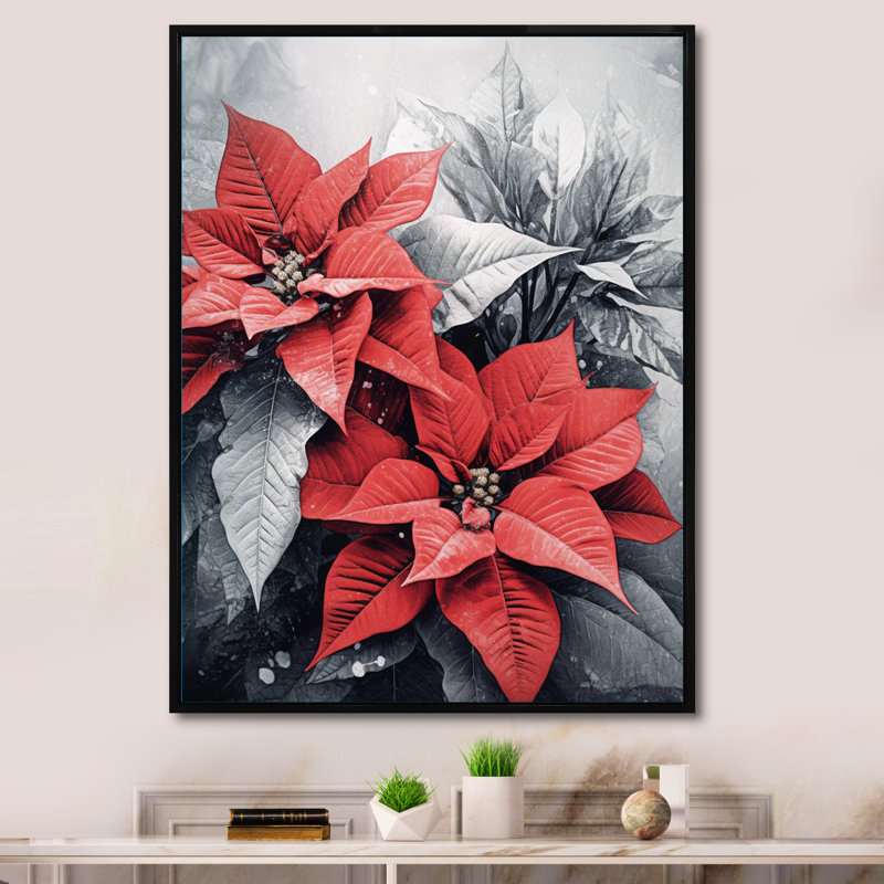 «Poinsettia Passion I» rouge et gris sur toile, H 32 po x l 24 po x P 1 po, Cadre flottant noir