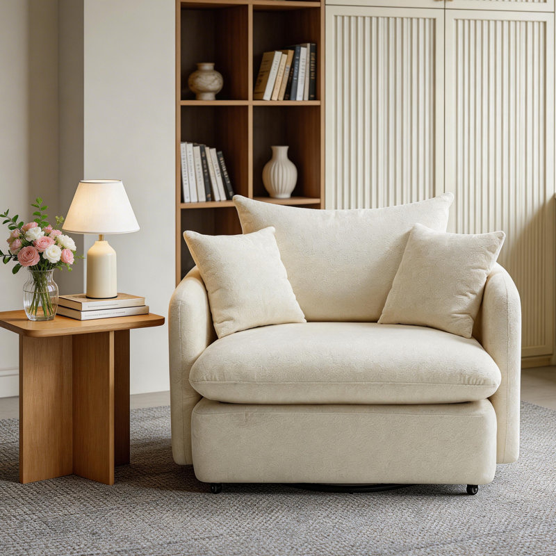 Fauteuil d'appoint pivotant crème Boucle, canapé simple surdimensionné confortable avec coussins pour les petits espaces