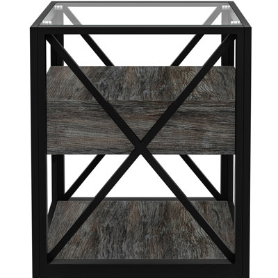 Industrial Style Nightstand With Drawer - Tempered Glass Top End Table For Bedroom & Living, Rustic Wood Grain , 3 Tier Storage, Stable Structure, Spa