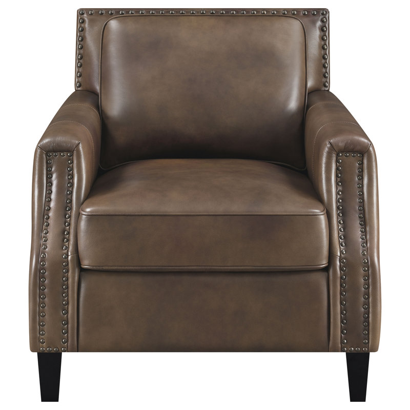 Brown Leather Transitional Accent Chair with Wood Legs
