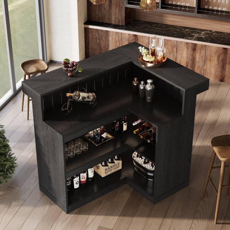 Table de bar d'angle industrielle en forme de L à 4 niveaux avec rangement et porte-verres, Black
