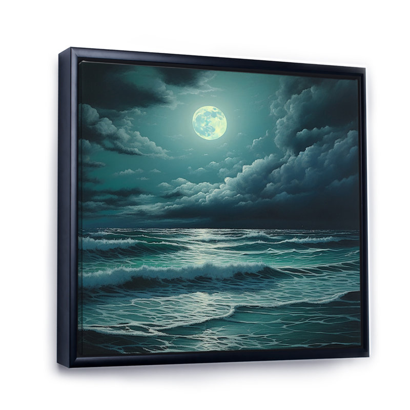 Super lune au-dessus de la mer IV - Décoration murale plage et océan, H 16 po x l 16 po x P 1 po, Cadre flottant noir