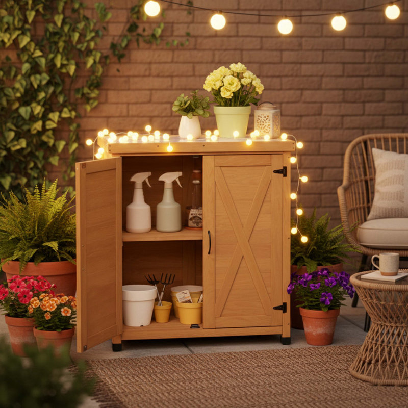 Potting Bench With Storage Cabinet And Metal Table Top For Outdoor Patio, Natural