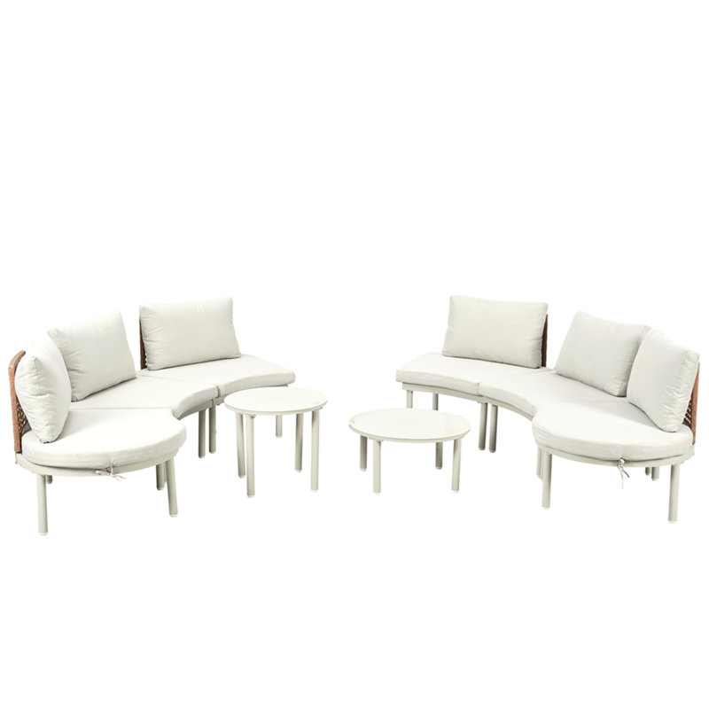 8-Piece Patio Sofa Furniture Set, Half Moon Outdoor Sectional Sofa With 2 High-Low Coffee Tables, PE Wicker Rattan, Tempered Glass, 6 Pillows & Cushions, For Backyard, Garden, Poode,Beige