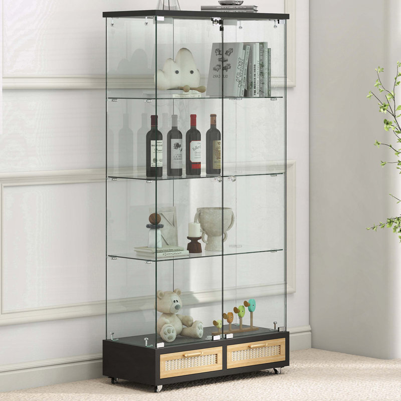 Vitrine moderne en verre avec 2 grands tiroirs et lumières DEL, Naturel/noir