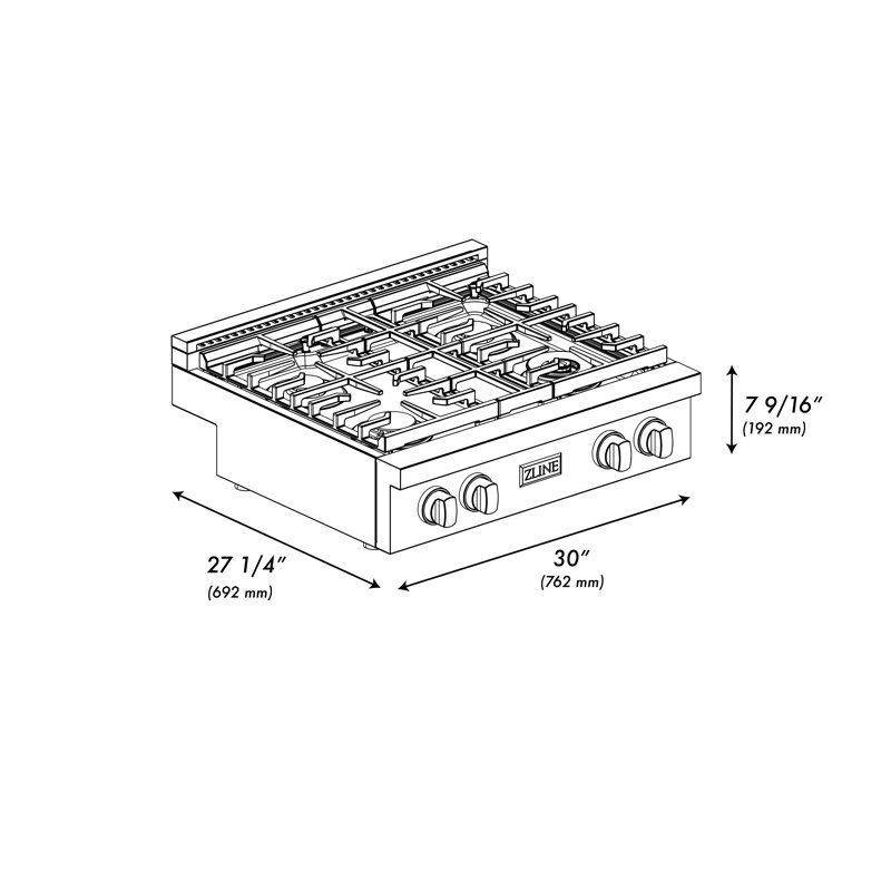 ZLINE 30 in. Paramount Gas Rangetop with 4 Brass Burners in Black Stainless Steel