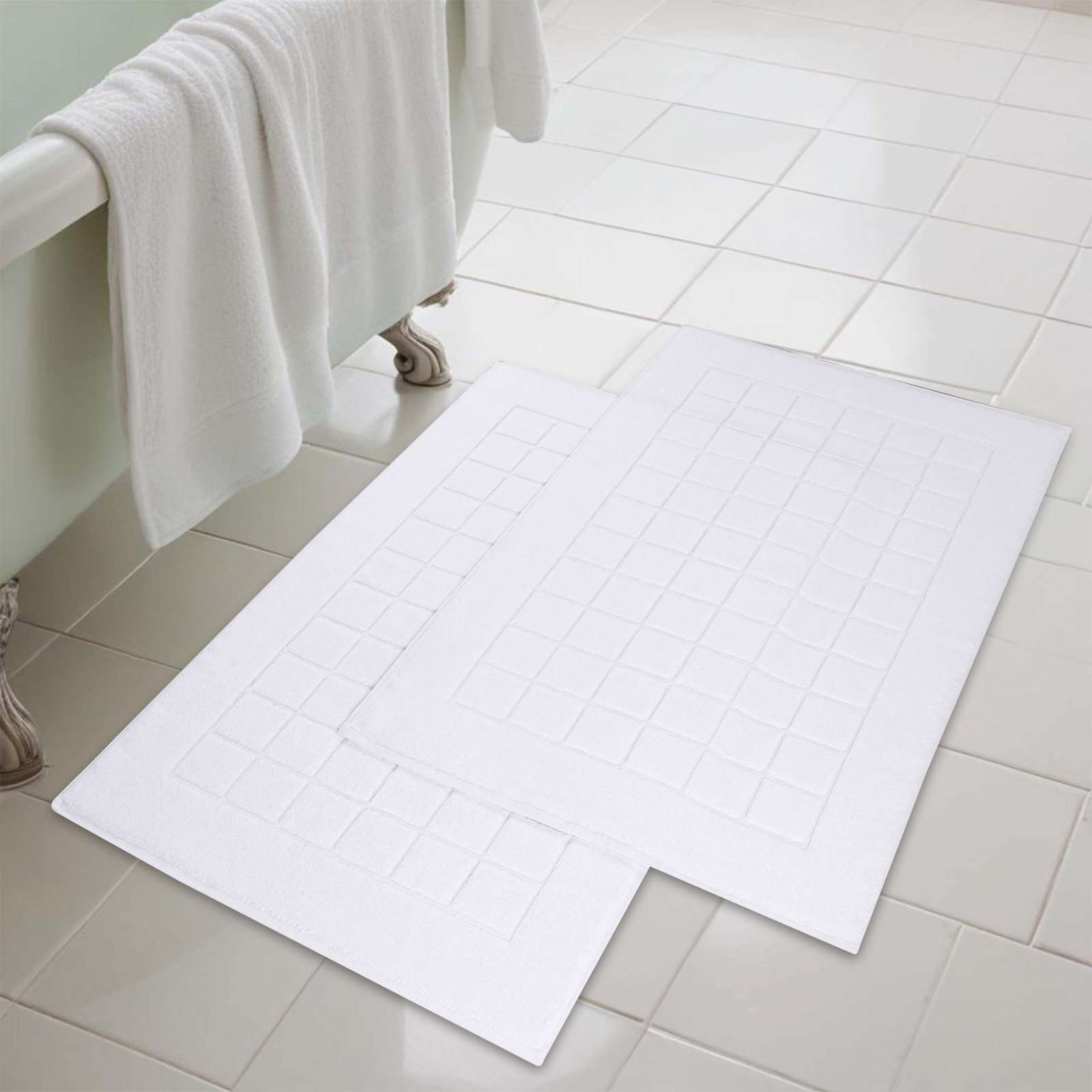 Nora Cotton Terry Solid Absorbent Thick Checkered Washable 2 Piece Bath Mat Set, White