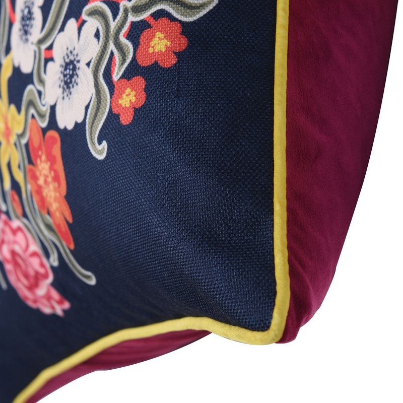 Floral Print and Maroon Velvet Double Sided Pillow