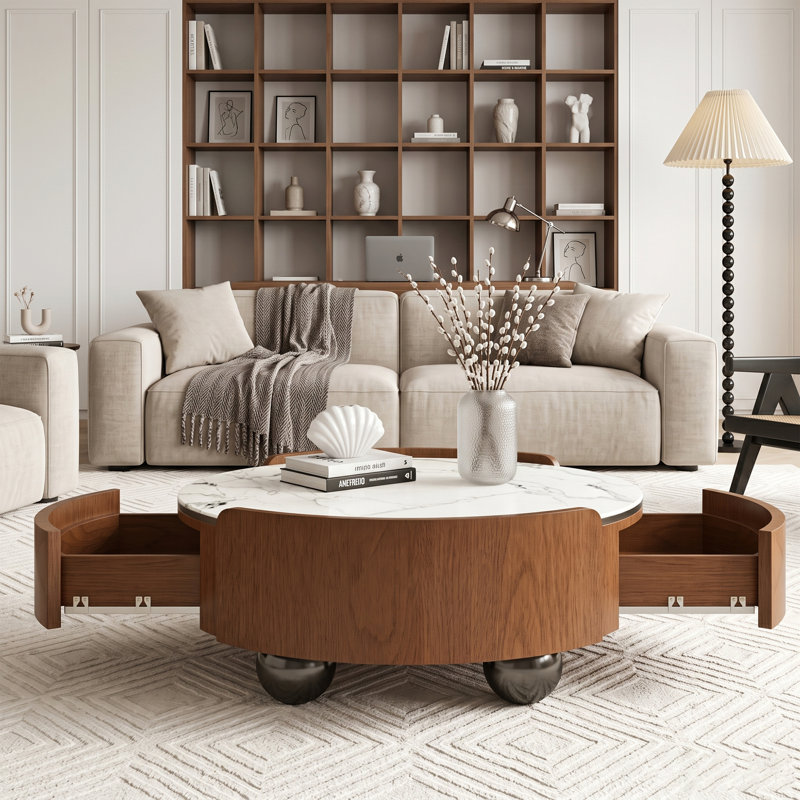 Table basse moderne moderne 35,43 po avec dessus en pierre naturelle et tiroirs de rangement pour le salon
