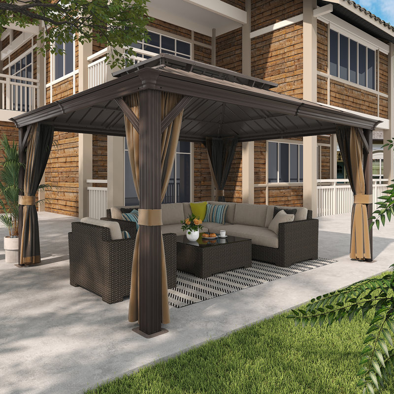 Outdoor Gazebo, Heavy Duty Steel Frame Gazebowith 2-tier Metal Roof, Suitable for Patios, Lawn and Backyard, 10x14FT, Brown