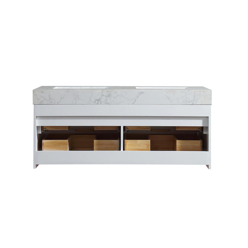 Meuble-lavabo double 48 po avec comptoir en pierre blanche, lumière DEL et 6 tiroirs à fermeture en douceur, design moderne