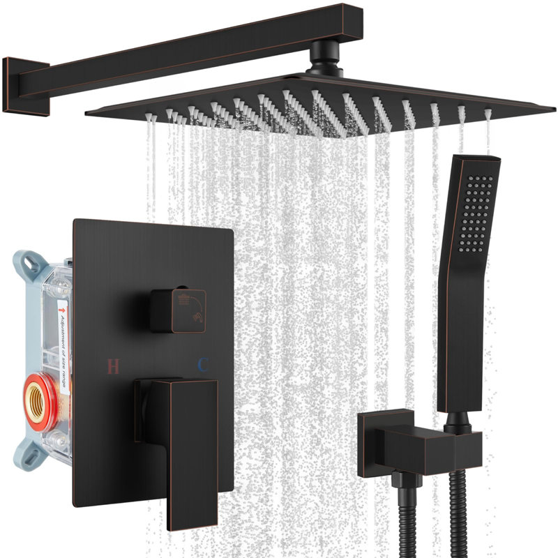 Rainfall Bathroom Shower System & Complete Combo, Wall Mounted - Solid Brass Pressure Balancing Valve, 12 Inch Rain Shower Head & Handle