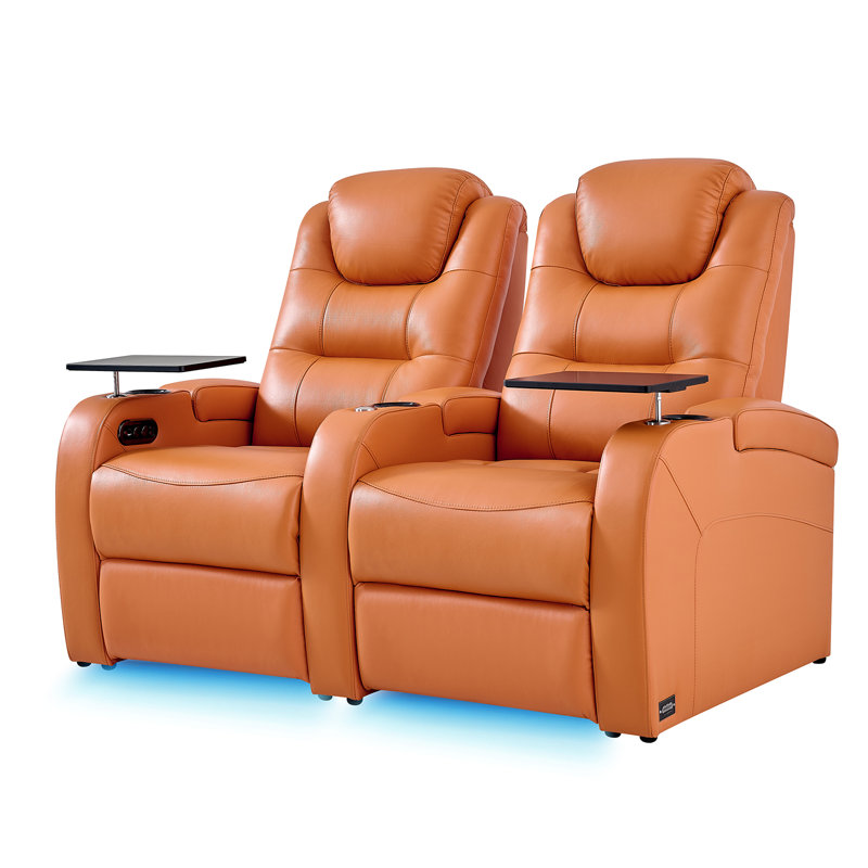 Double fauteuil inclinable de cinéma maison en cuir fleur avec ports USB et de type C, Orange véritable fourrure