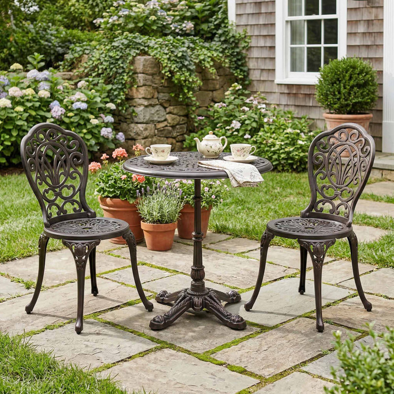 27" Round All-Weather Outdoor Patio Bistro Table, Rust-Proof Cast Aluminum Frame & Breathable Hollow Tabletop, Anti-Slip Foot Pads Suitable For Patio, Backyard