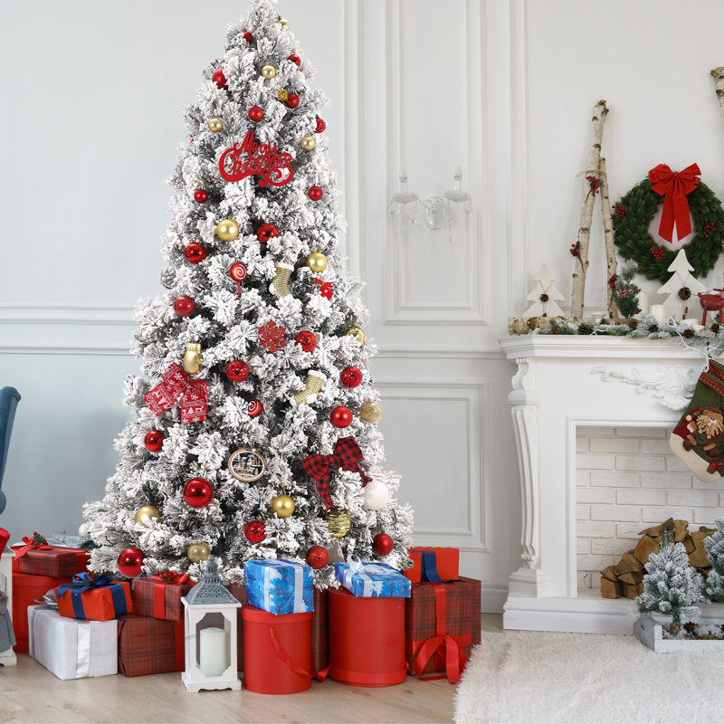 Arbre de Noël artificiel enneigé 6 pi / 7,5 pi avec lumières DEL, branches articulées et base en métal robuste, H 6 pi