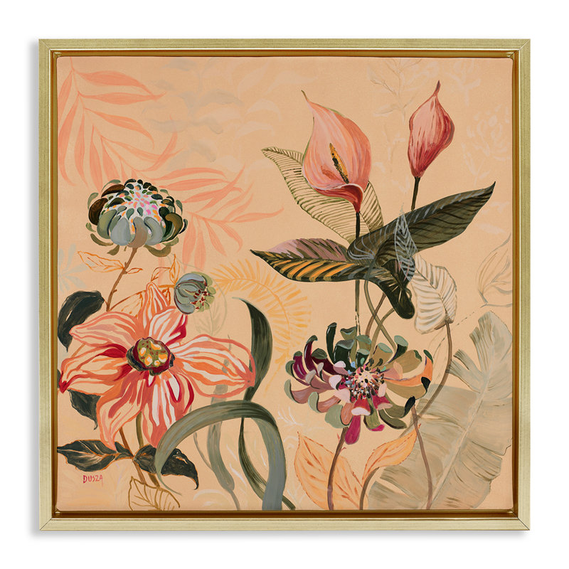 Cadre flottant avec feuillage tropical et fleurs, design par Dusza, H 25 po x l 25 po, Cadre flottant métallique doré