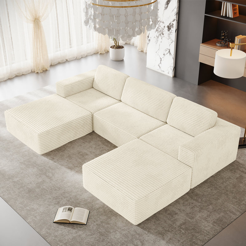 Modular Corduroy 303cm 3-seater Sofa With 2 Ottomans, No Assembly Required, With High Rebound Sponge, Beige