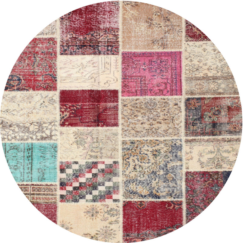 Tapis patchwork gris / beige / rouge, Rond 7 pi
