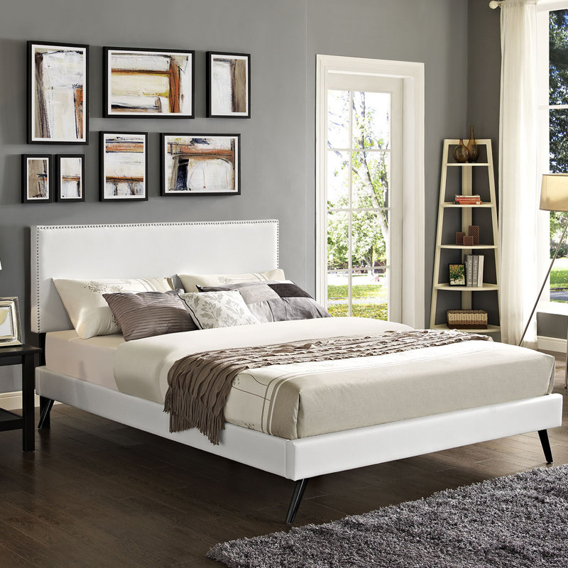 Modway Phoebe Vinyl Upholstered Platform Bed with Round Splayed Legs, White, Full