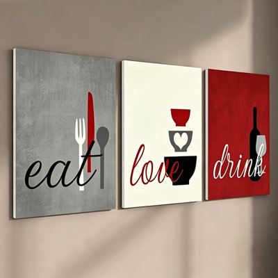 Modern Kitchen Eat Love Drink 3-Piece Set Wall Art Giclée Print 30" H x 60" W - Kitchen Decor