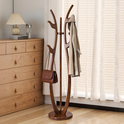 Artistic Solid Wood Coat Rack with 6 Bird-Shaped Hooks, Freestanding Design