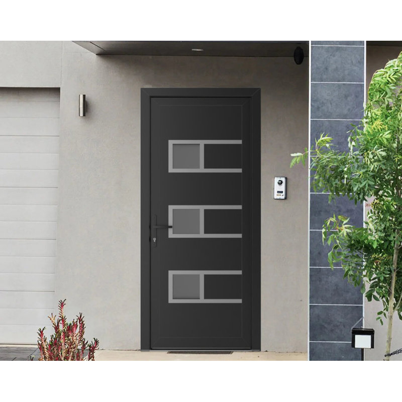 Porte d'entrée extérieure prémontée en PVC-U métal-plastique Manux 8933, noir mat, pour bureaux, commerces et habitations. Convient à l'entrée, au patio et au garage. Largeur : 81 cm x Hauteur : 203 cm. Ouverture à droite vers l'intérieur.