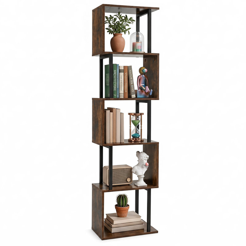 1 tablette en forme de S, bibliothèque géométrique à 5 niveaux, tablette d'angle pour bureau, brun rustique, Brun rustique