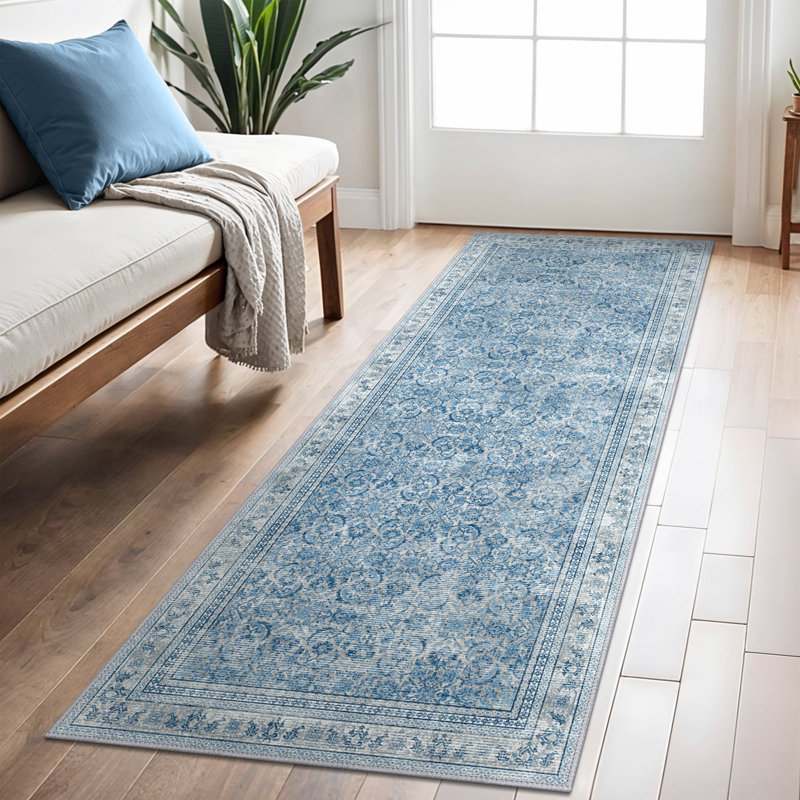 Vintage Look Washable Area Rug, Blue, Rectangle 60 x 90 cm