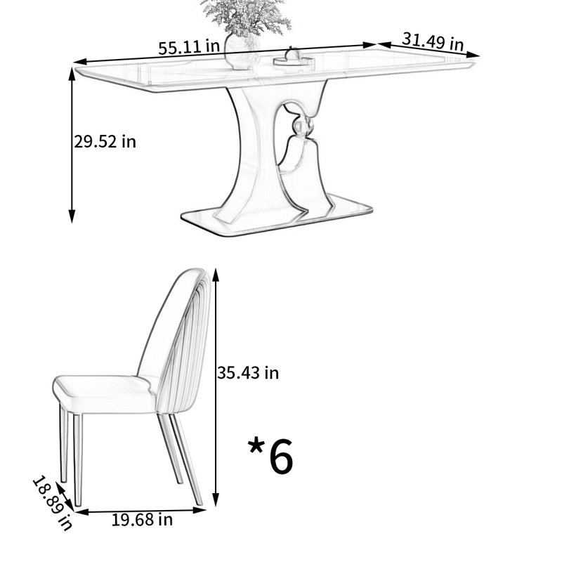 Rectangular microlite dining table and chair set, 29.52"H x 55.11"L x 31.49"W