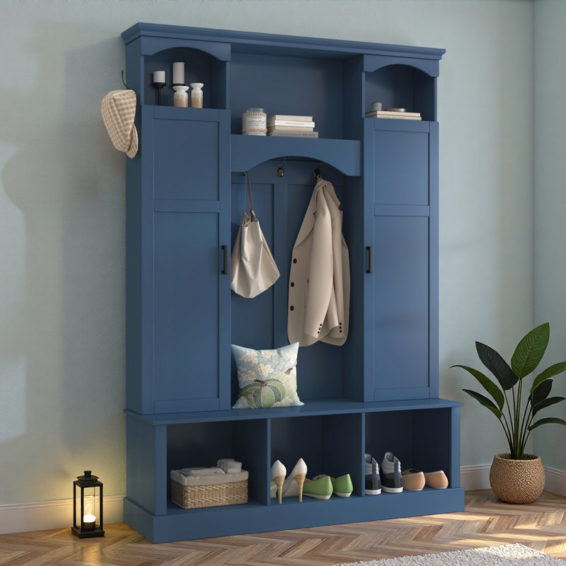 Modern Hall Tree With Adjustable Shelves, Side Cabinets, Top Compartments And Hooks, Blue
