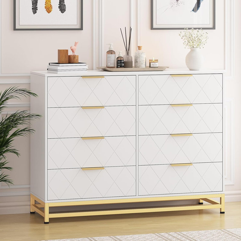 Commode double 8 tiroirs pour chambre à coucher, commode en bois, commode en bois moderne avec poignées dorées, table d'appoint, blanc