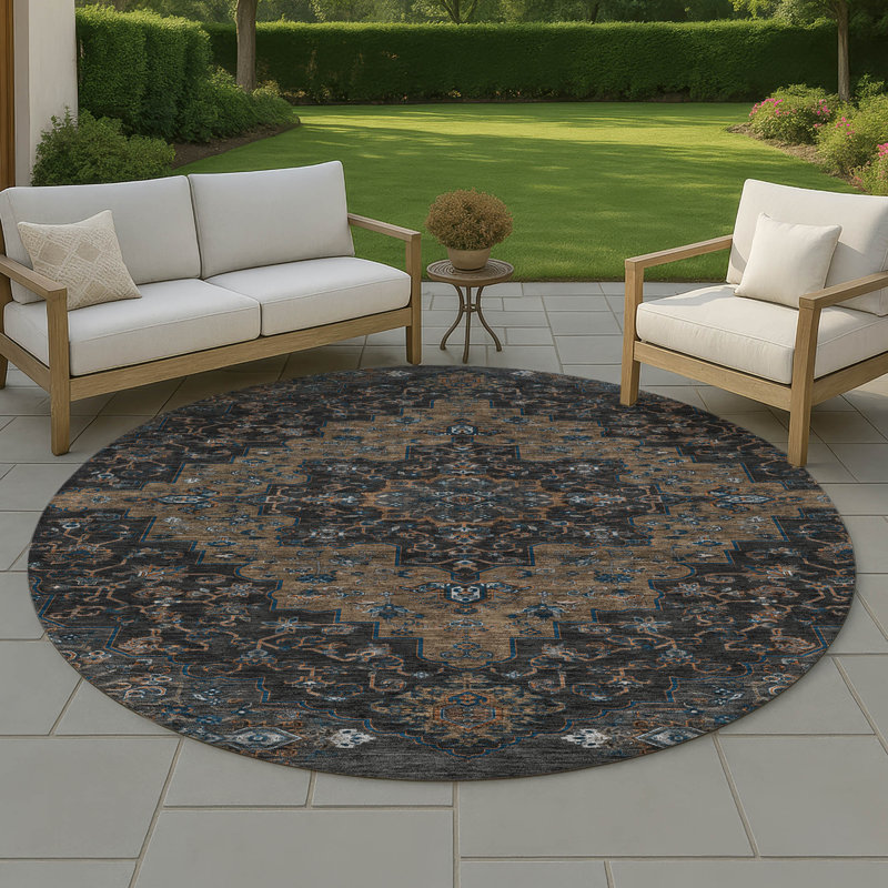 Tapis lavable à la machine intérieur / extérieur ACN2486, Noir, Rond 8 pi