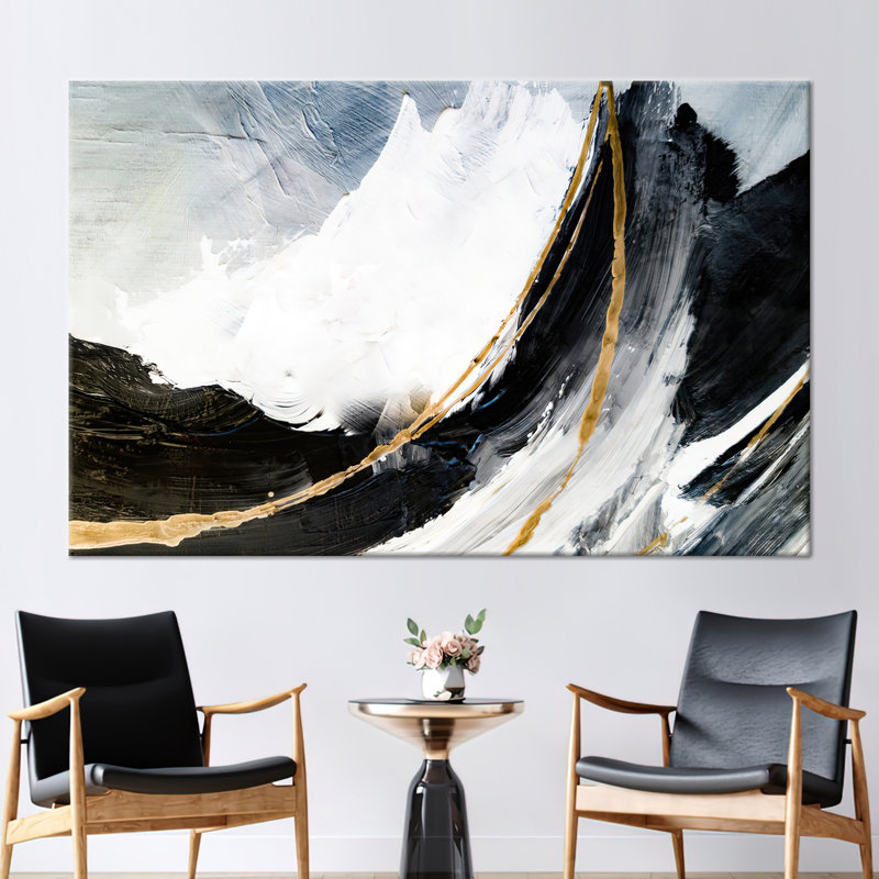Art mural moderne en marbre noir et doré moderne - Toile peinte à l'encre alcool de luxe, H 39 po x l 93 po, Toile tendue