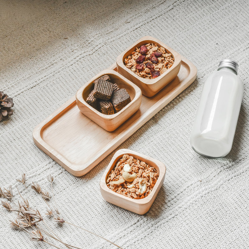 Ensemble de 3 assiettes à en-cas fonctionnelles en bois d'hévéa brun