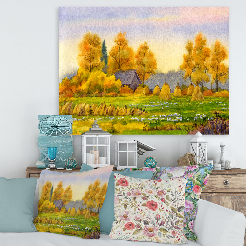 Haystacks on Orange Fields II - Peinture sur toile, H 24 po x l 32 po x P 1 po, Toile tendue