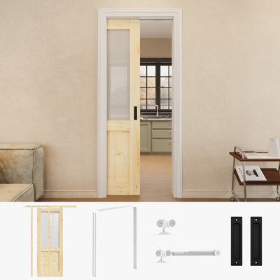 Porte en bois de pin massif 28 po x 80 po avec porte coulissante en verre givré avec quincaillerie noire et cadre de porte blanc