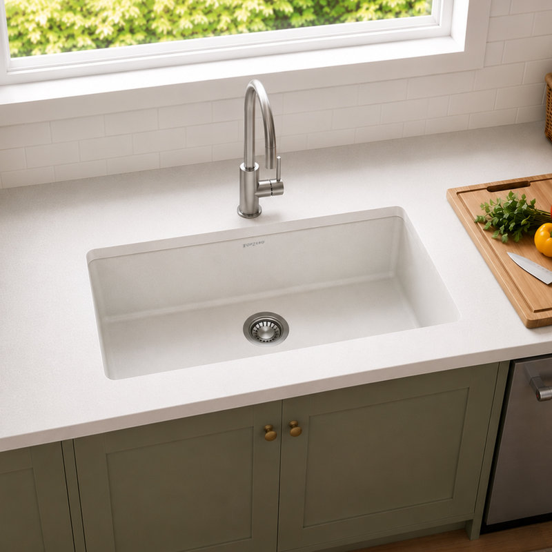 Grand lavabo simple encastré 32-1 / 2 Crystagranite blanc
