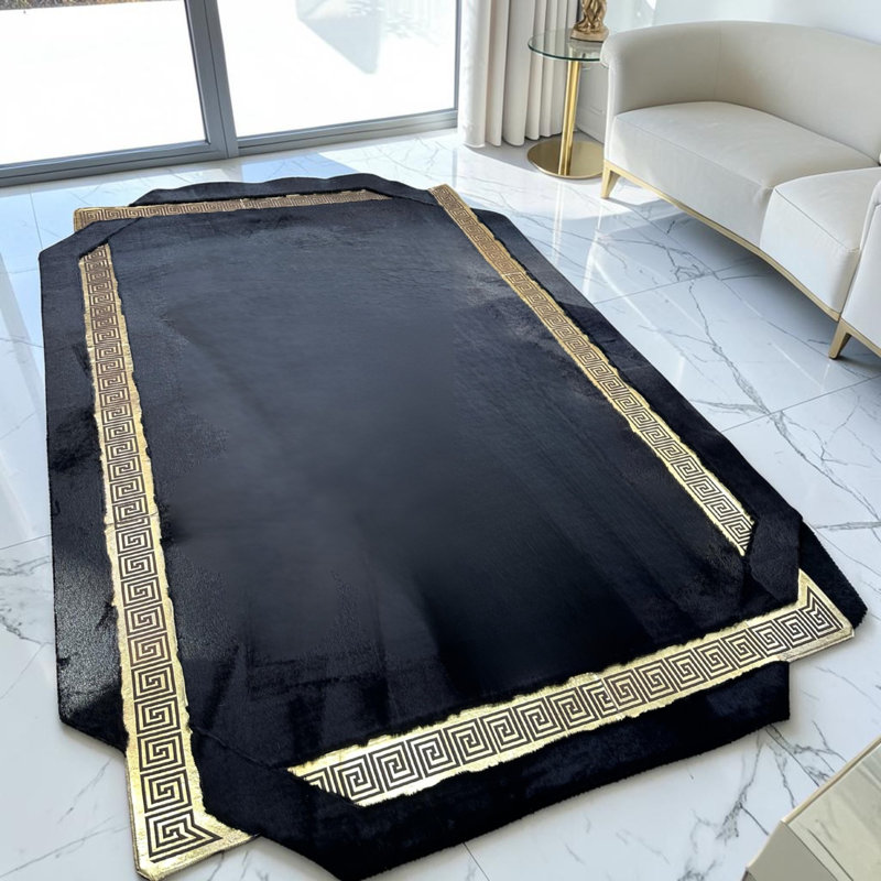 Tapis noir moelleux à bordure grecque, tapis moelleux doux de taille personnalisée_6X9ft, Rectangle 6 pi x 9 pi