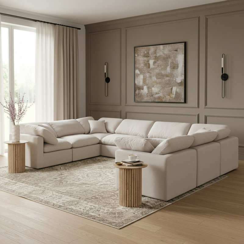 Canapé modulaire de coin rembourré 8 pièces Itala, Tissu crème texturé en lin
